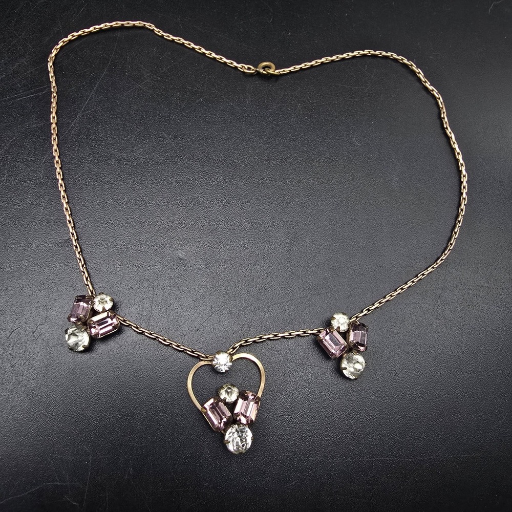 Vintage Gold Filled Purple Rhinestone Necklace Art Deco Style